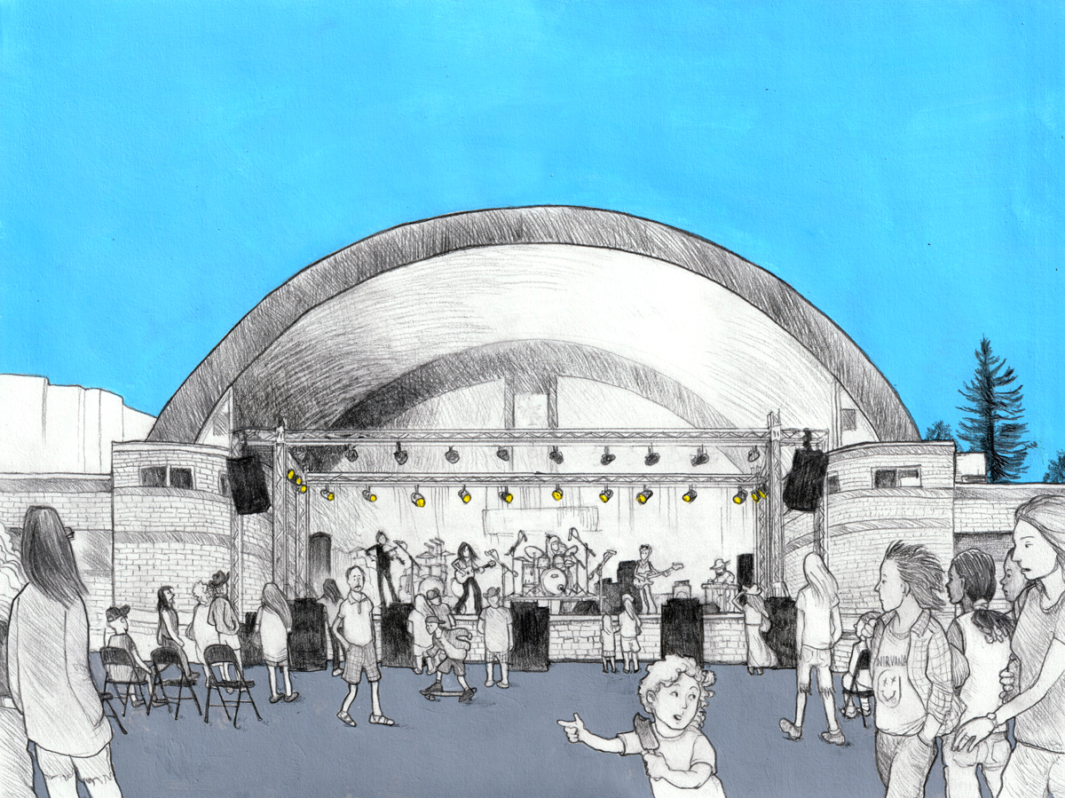 A blue sky shines over a bandshell. Musicians play on the stage. There is a sparse crowd. A few people move toward the stage.